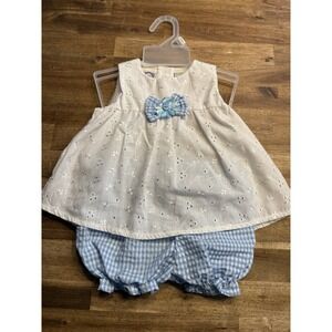 Little Lindsey Baby Girl 0/6M White Blue 2pc Outfit Shirt/Short Set Vintage
